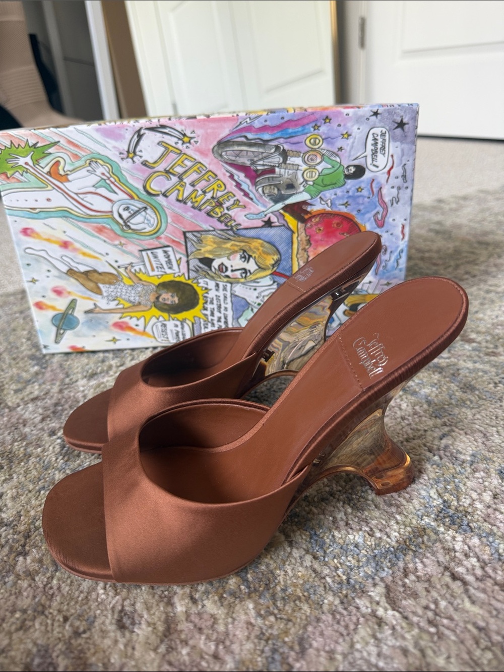 Jeffrey Campbell Brown Satin Slide Mules with Sculpted Clear Heel - Picture 3 of 9